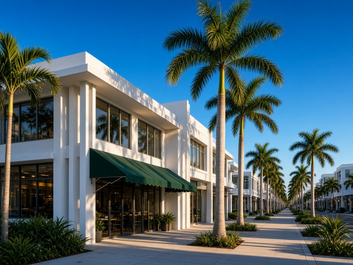 Palm-lined commercial street with modern storefronts in South Florida