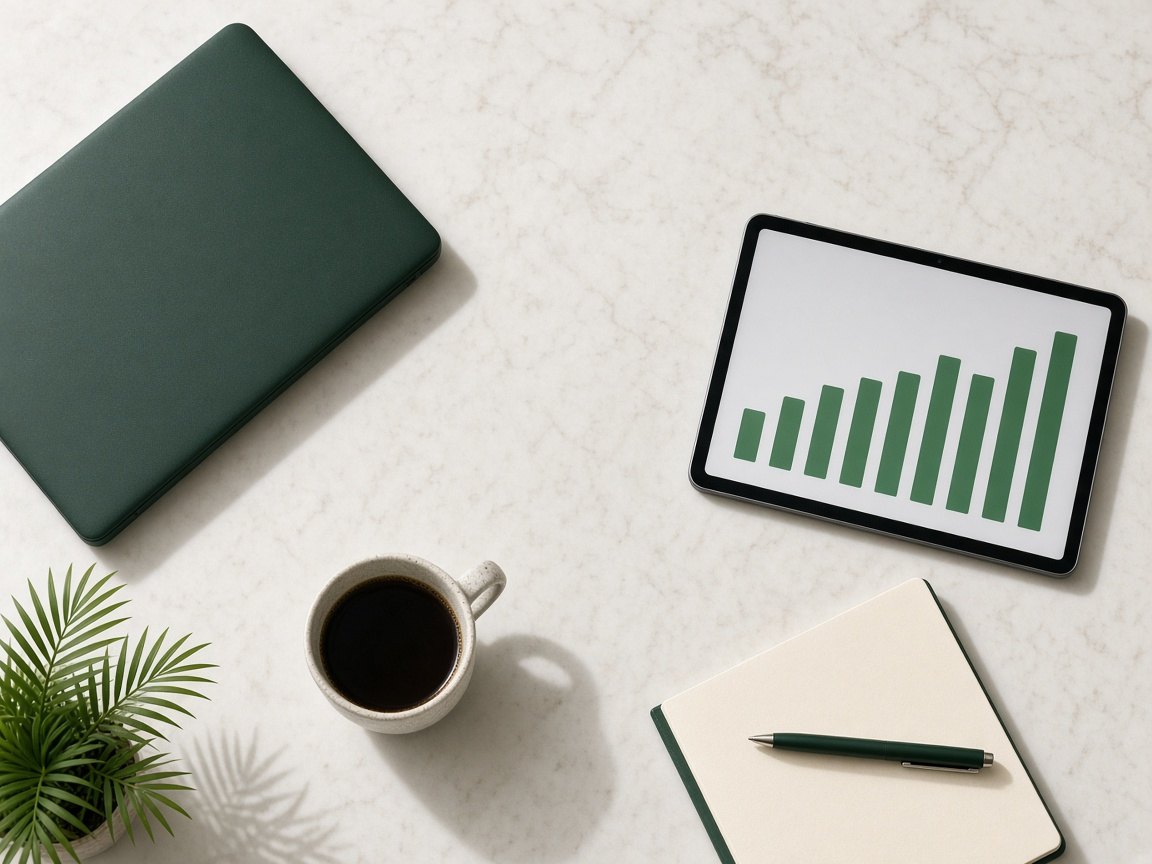 Clean desk with a tablet showing a growth chart, coffee and a notebook